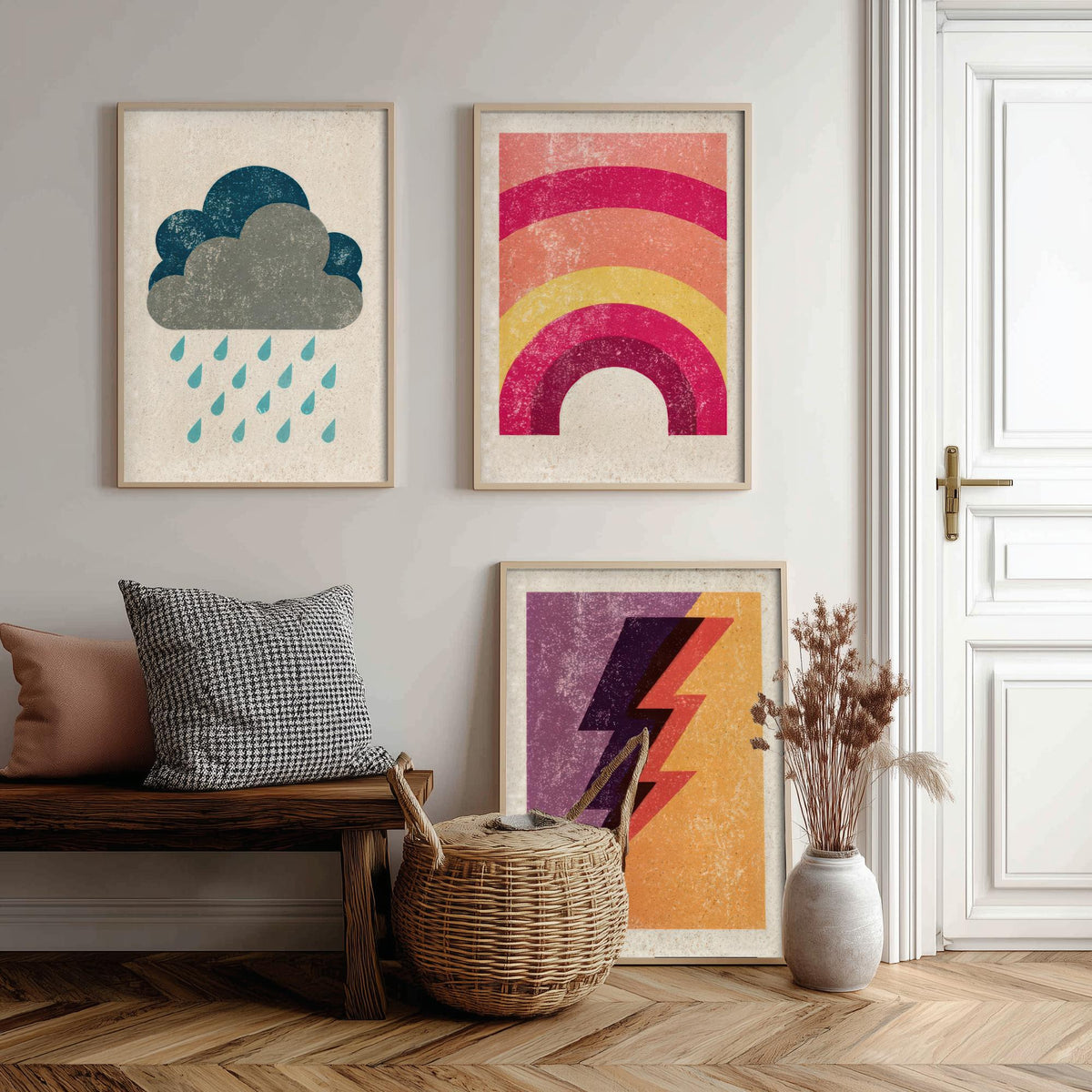 Retro Weather Set of Three Art Prints - Rain Cloud, Rainbow, Lightning Bolt - Minimalist Linocut Poster Illustration V1