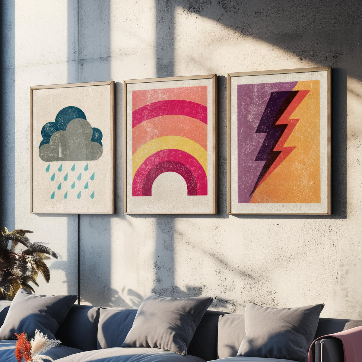 Retro Weather Set of Three Art Prints - Rain Cloud, Rainbow, Lightning Bolt - Minimalist Linocut Poster Illustration V1