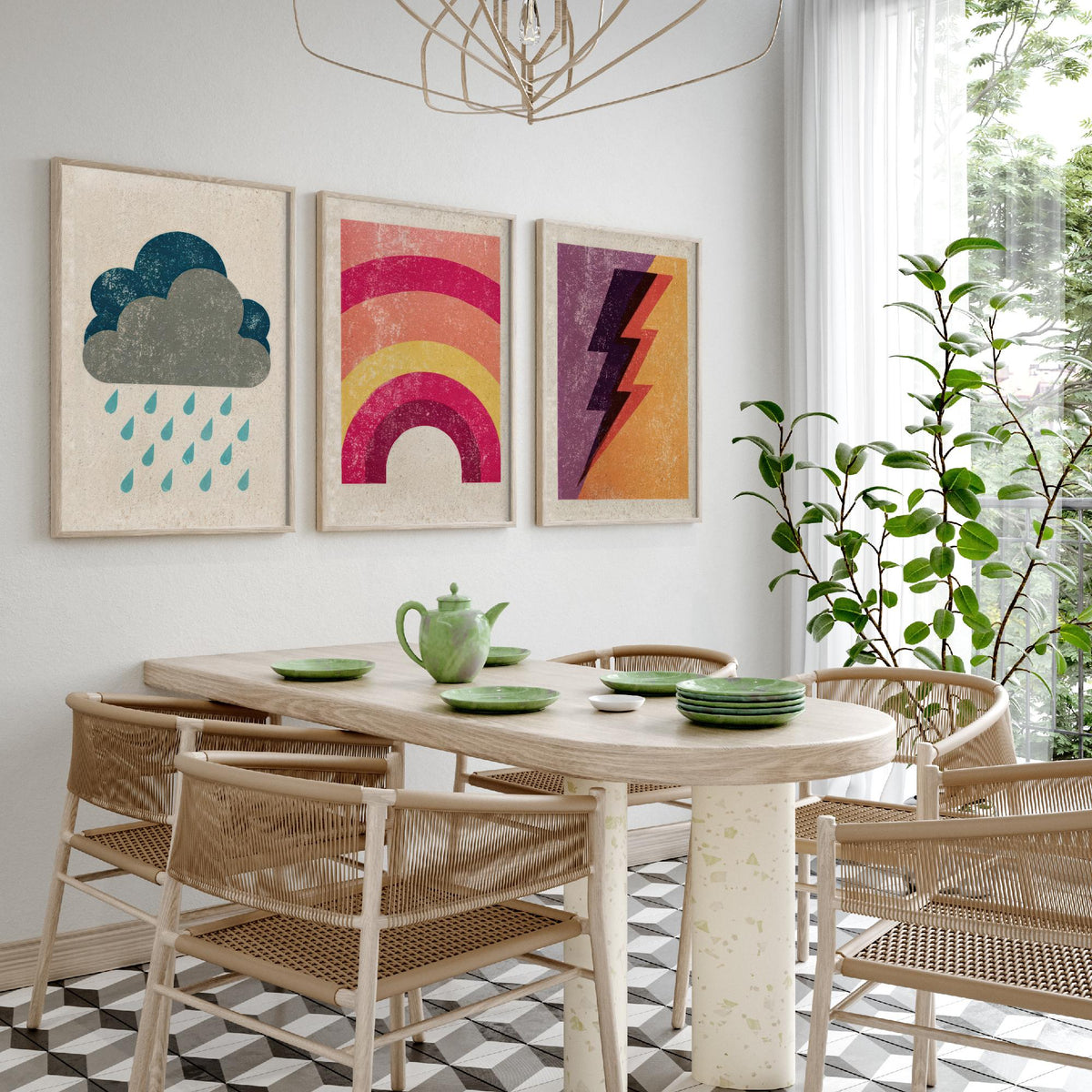 Retro Weather Set of Three Art Prints - Rain Cloud, Rainbow, Lightning Bolt - Minimalist Linocut Poster Illustration V1