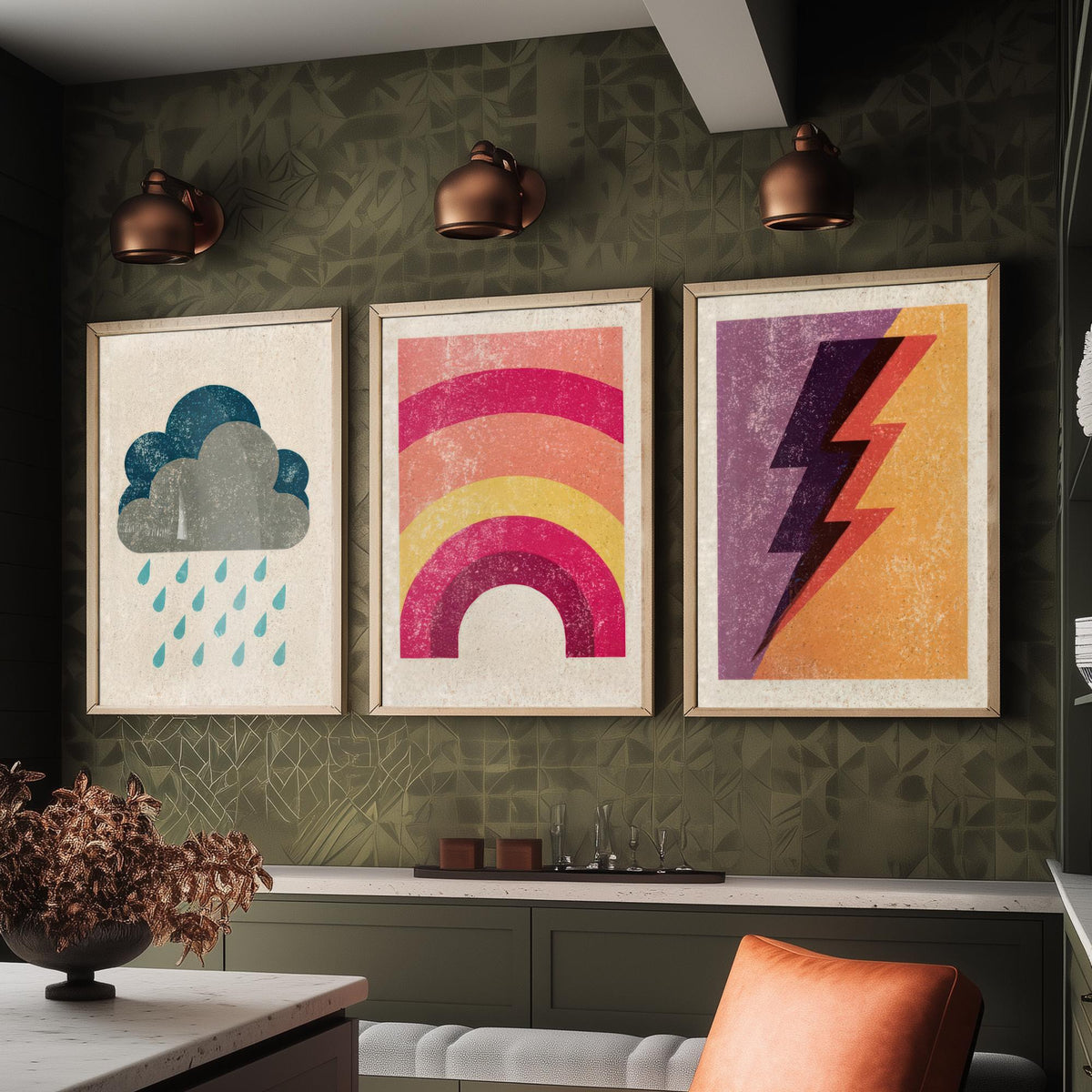 Retro Weather Set of Three Art Prints - Rain Cloud, Rainbow, Lightning Bolt - Minimalist Linocut Poster Illustration V1