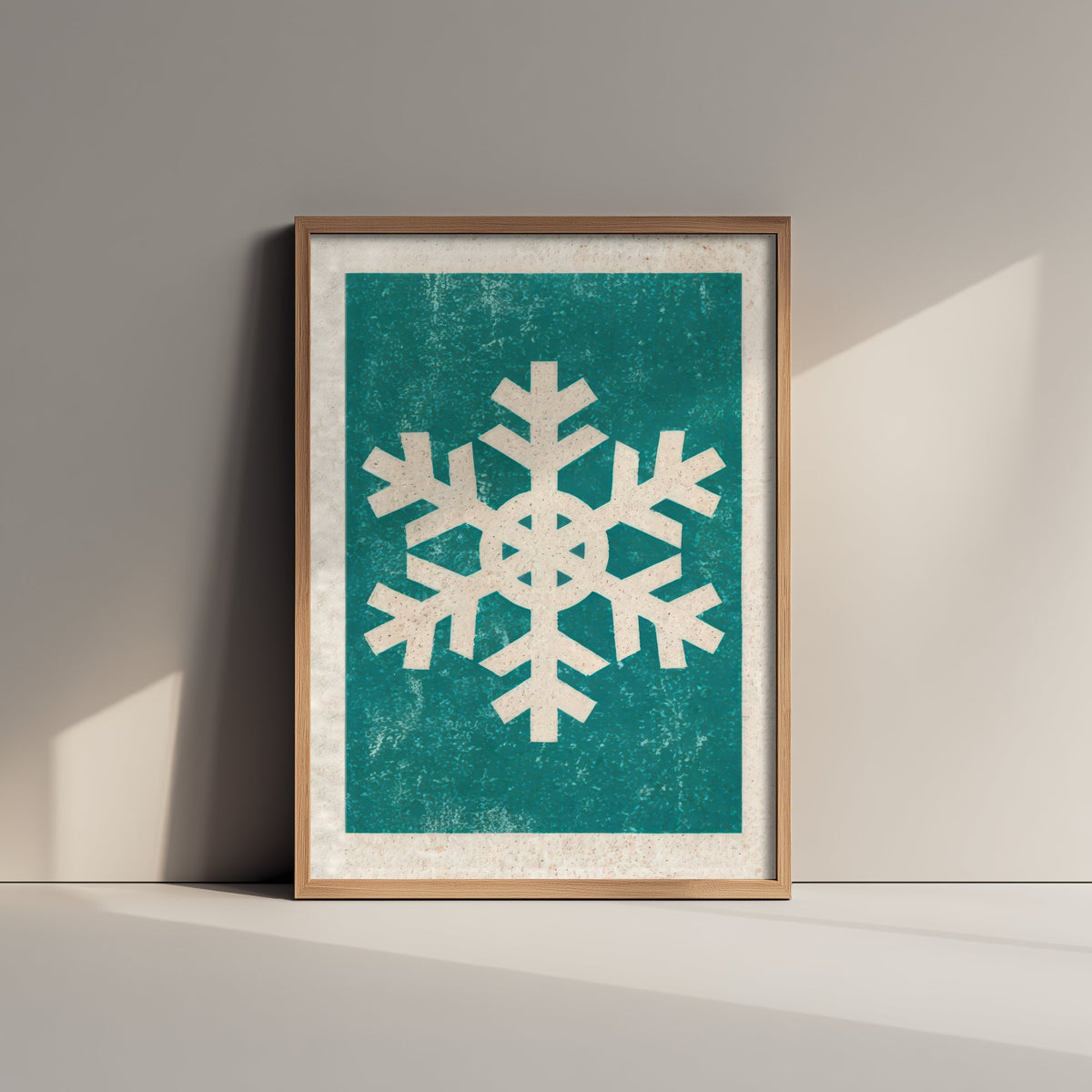 Snowflake Art Print - Teal Winter Poster - Minimalist Linocut Style Woodcut V2 1/3