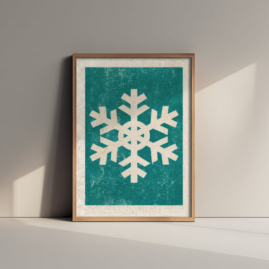 Snowflake Art Print - Teal Winter Poster - Minimalist Linocut Style Woodcut V2 1/3