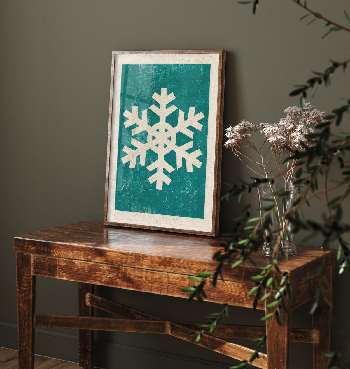 Snowflake Art Print - Teal Winter Poster - Minimalist Linocut Style Woodcut V2 1/3