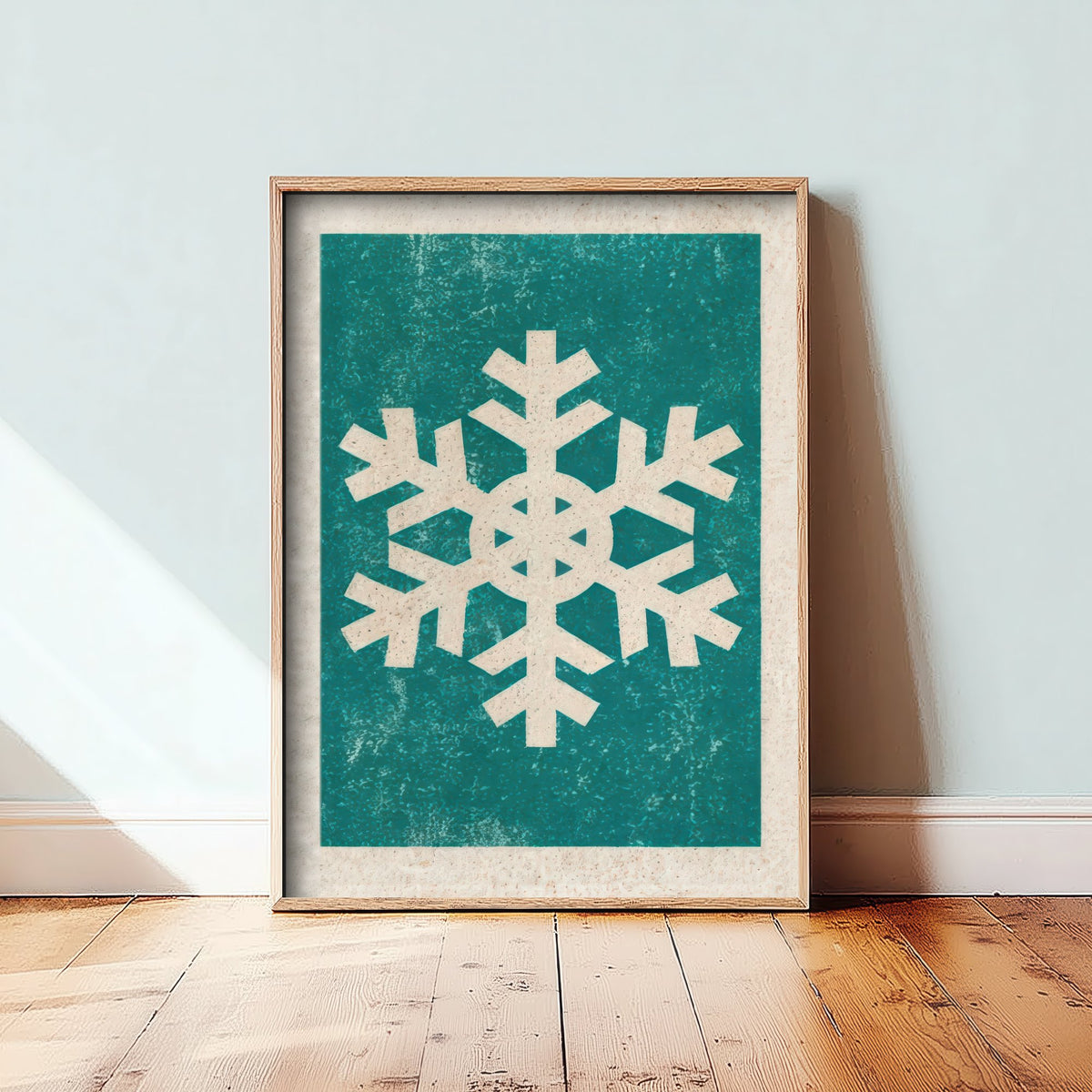 Snowflake Art Print - Teal Winter Poster - Minimalist Linocut Style Woodcut V2 1/3