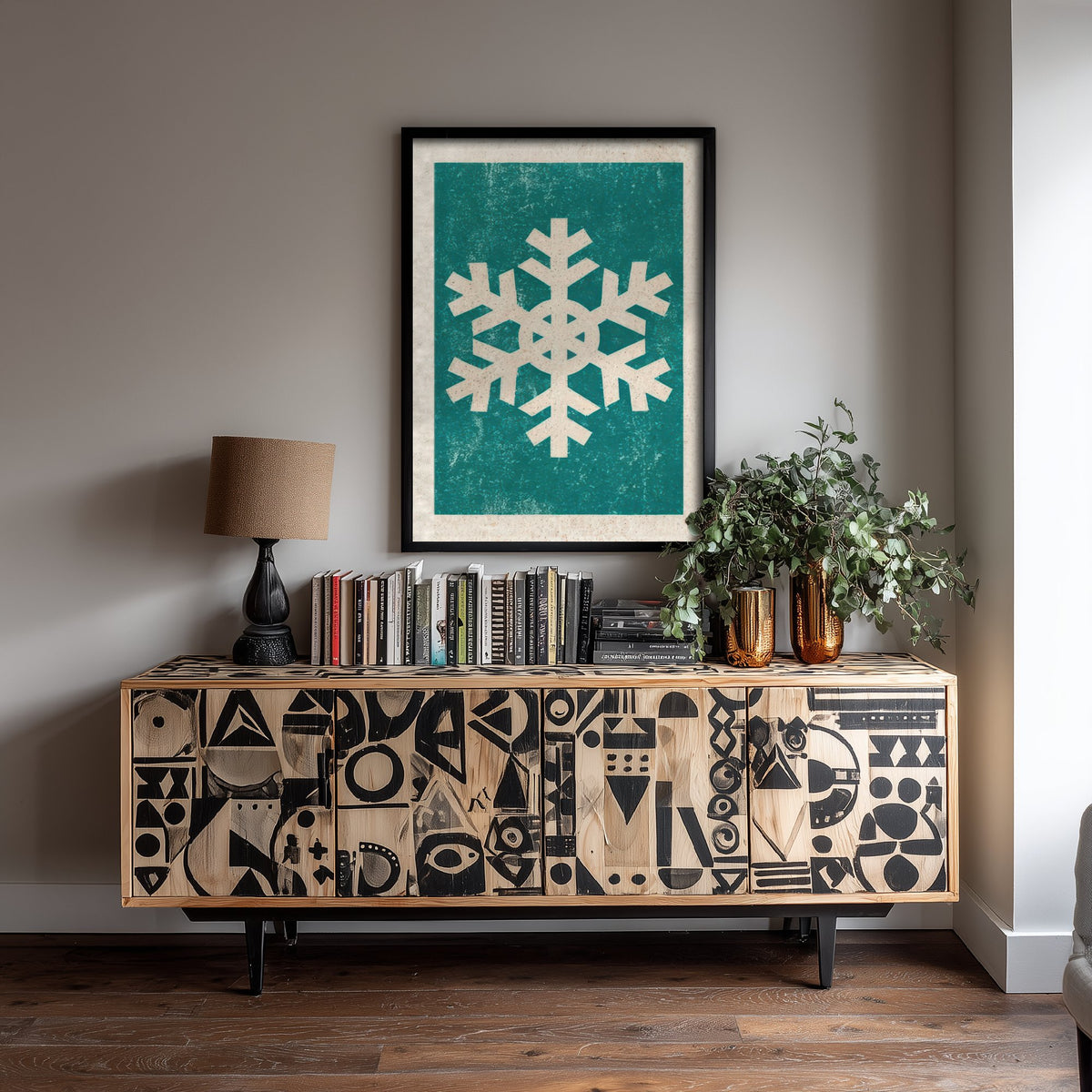 Snowflake Art Print - Teal Winter Poster - Minimalist Linocut Style Woodcut V2 1/3