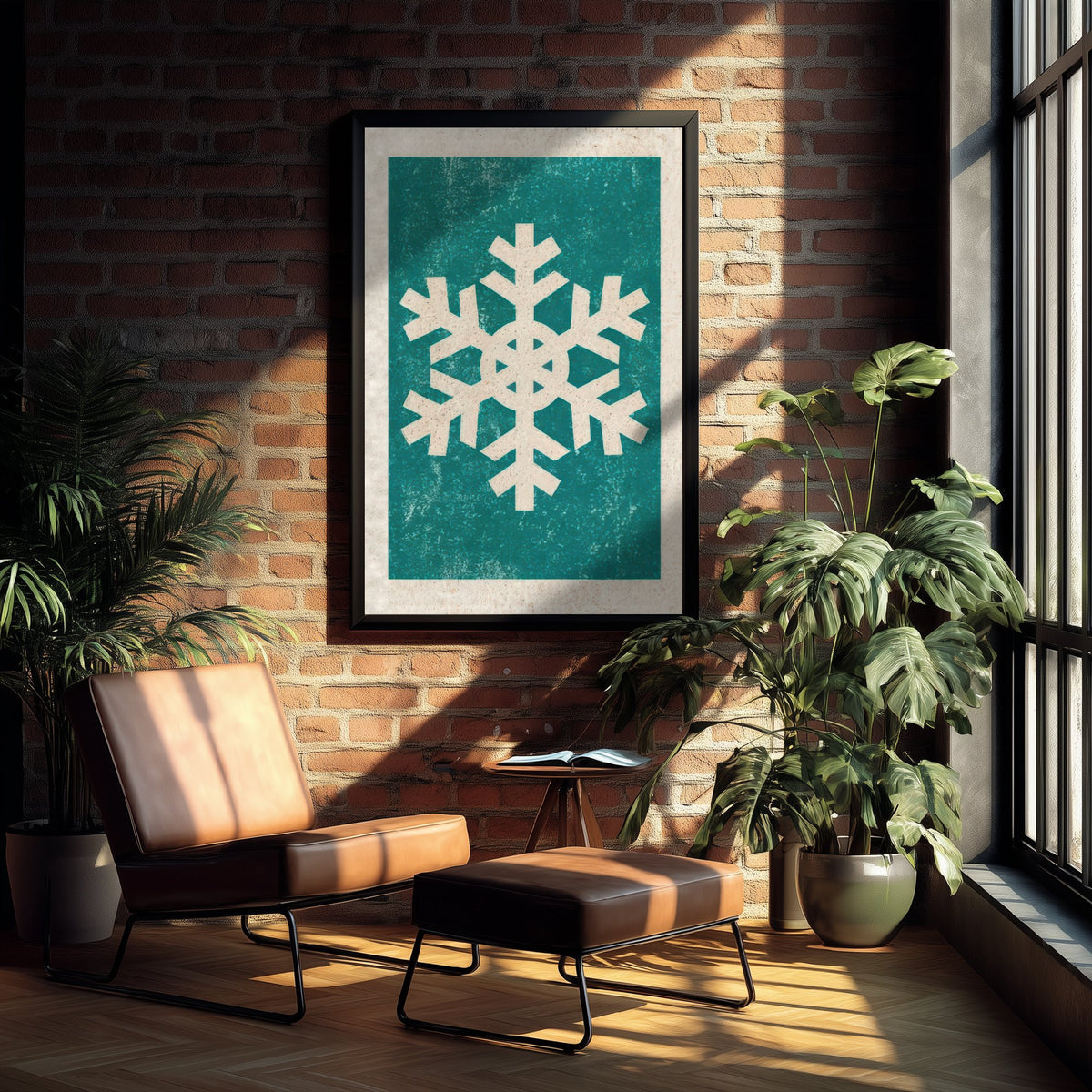 Snowflake Art Print - Teal Winter Poster - Minimalist Linocut Style Woodcut V2 1/3
