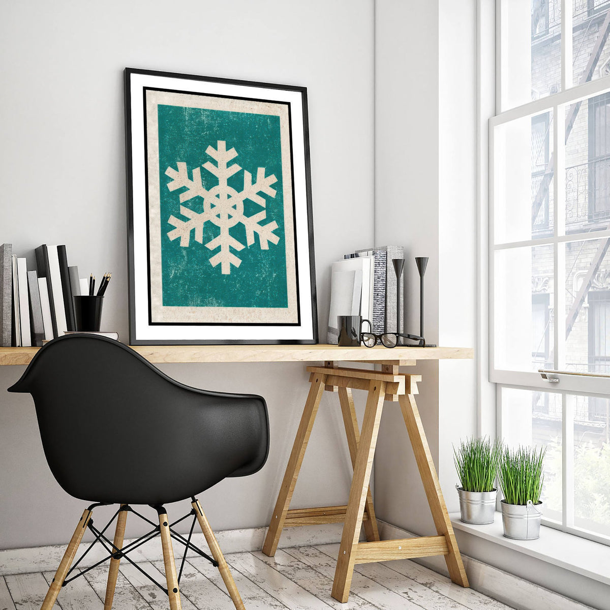Snowflake Art Print - Teal Winter Poster - Minimalist Linocut Style Woodcut V2 1/3