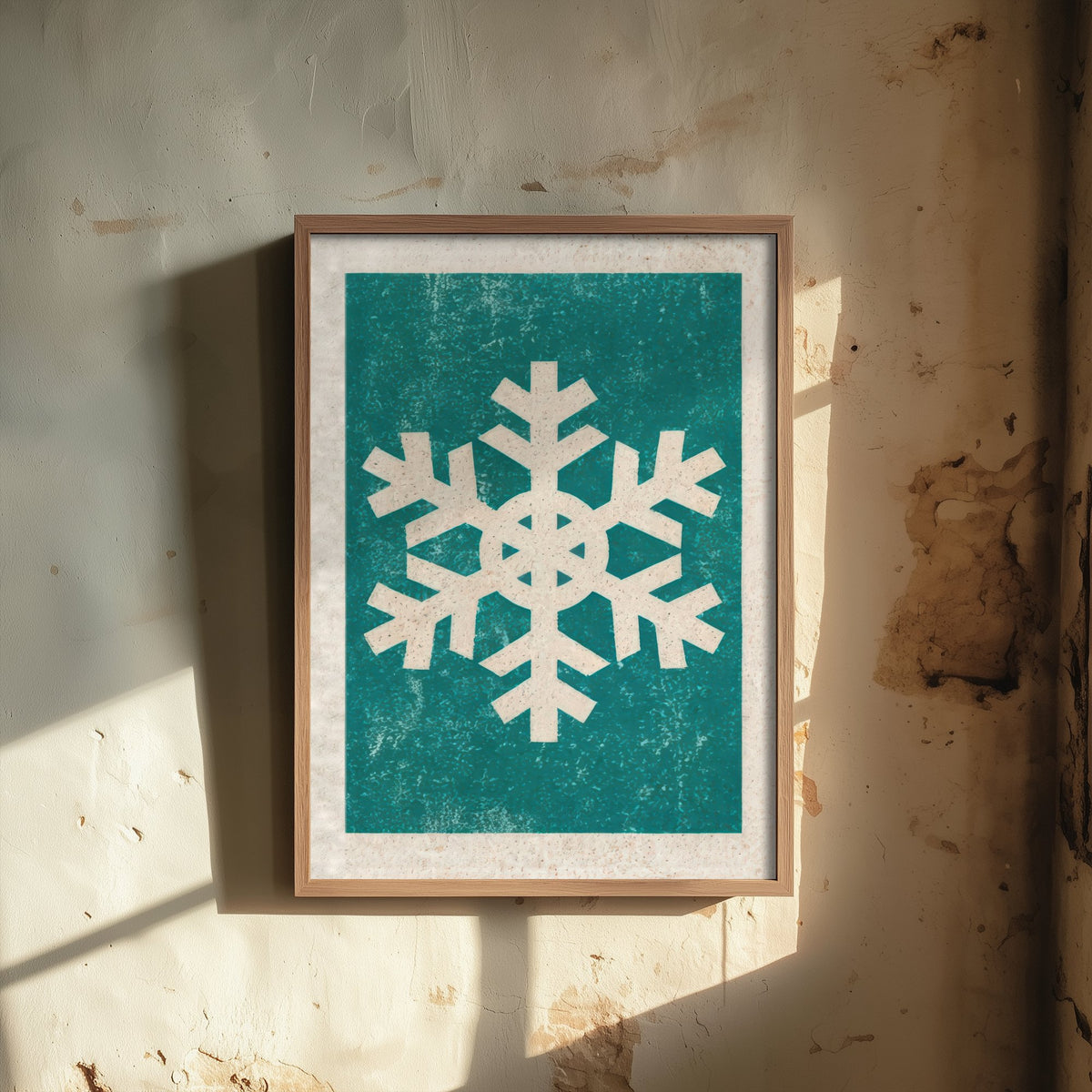 Snowflake Art Print - Teal Winter Poster - Minimalist Linocut Style Woodcut V2 1/3