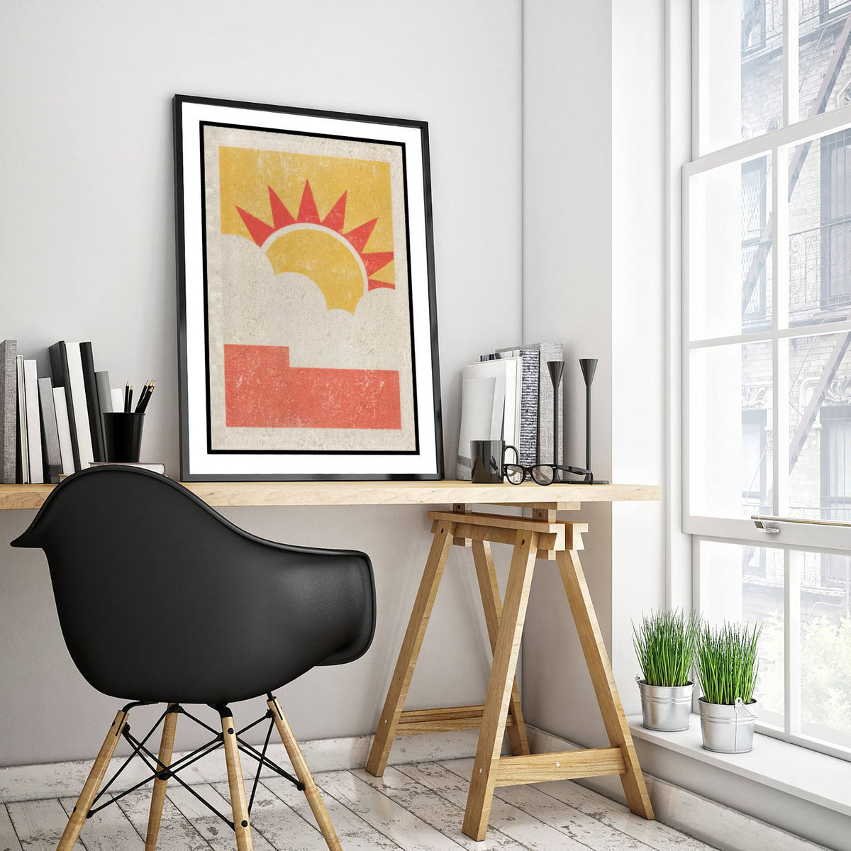Sun and Cloud Art Print - Sunny Spell Weather Poster - Mid Century Linocut Woodcut V2 2/3