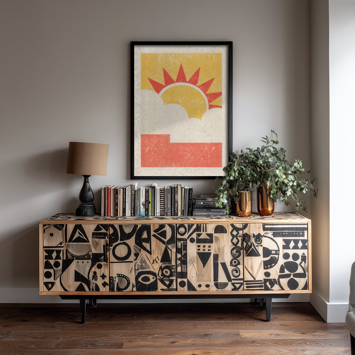 Sun and Cloud Art Print - Sunny Spell Weather Poster - Mid Century Linocut Woodcut V2 2/3