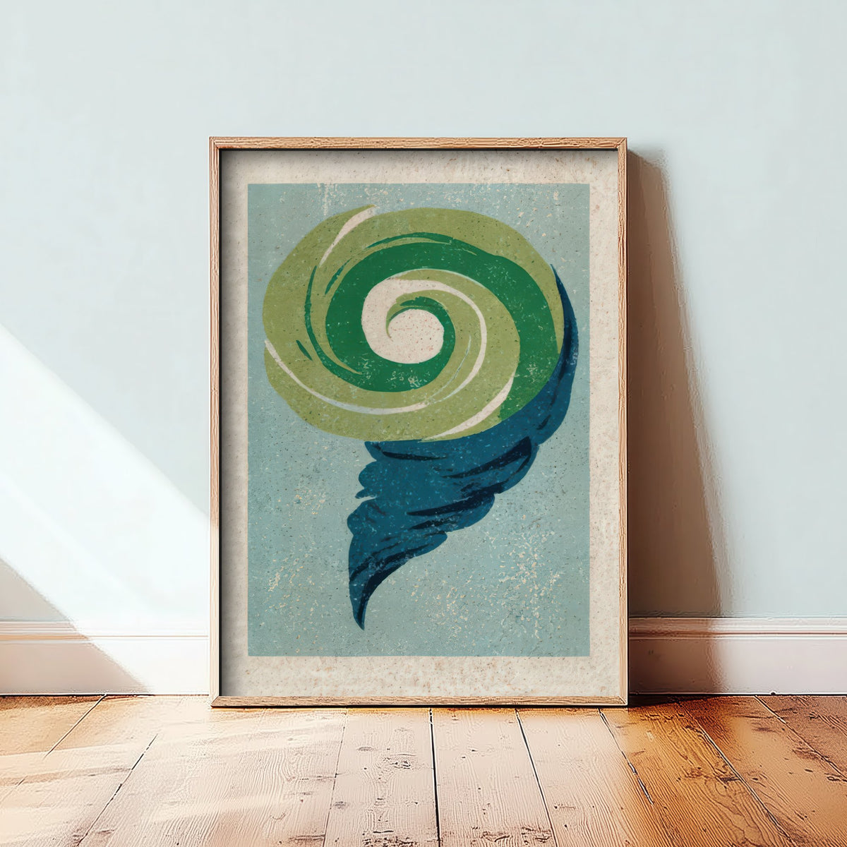 Wind Swirl Art Print - Green and Navy Gust Poster - Abstract Weather Linocut Woodcut V2 3/3