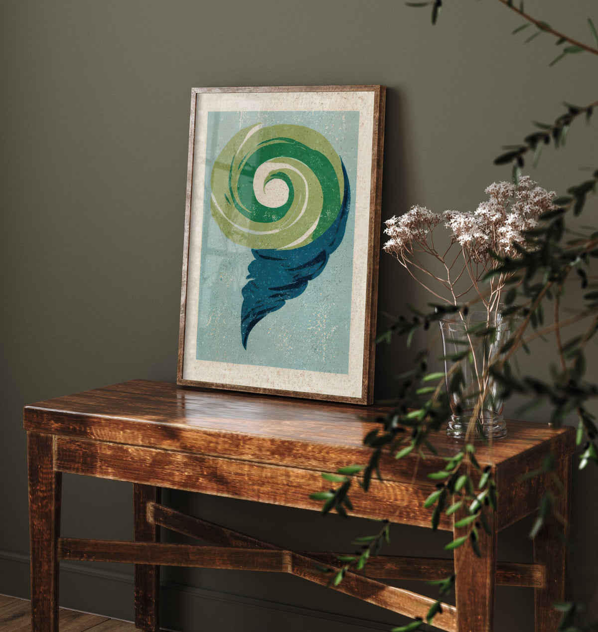 Wind Swirl Art Print - Green and Navy Gust Poster - Abstract Weather Linocut Woodcut V2 3/3