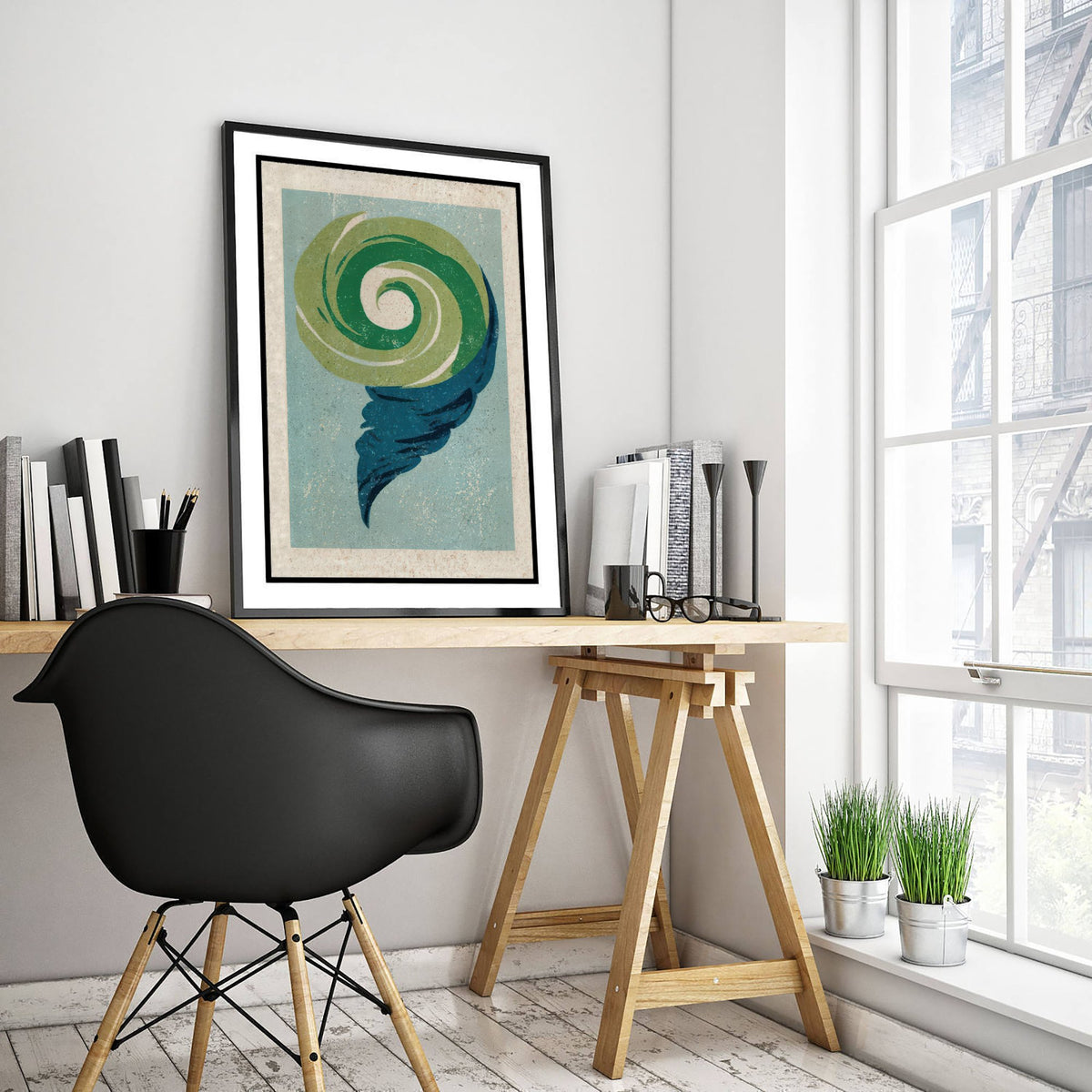 Wind Swirl Art Print - Green and Navy Gust Poster - Abstract Weather Linocut Woodcut V2 3/3