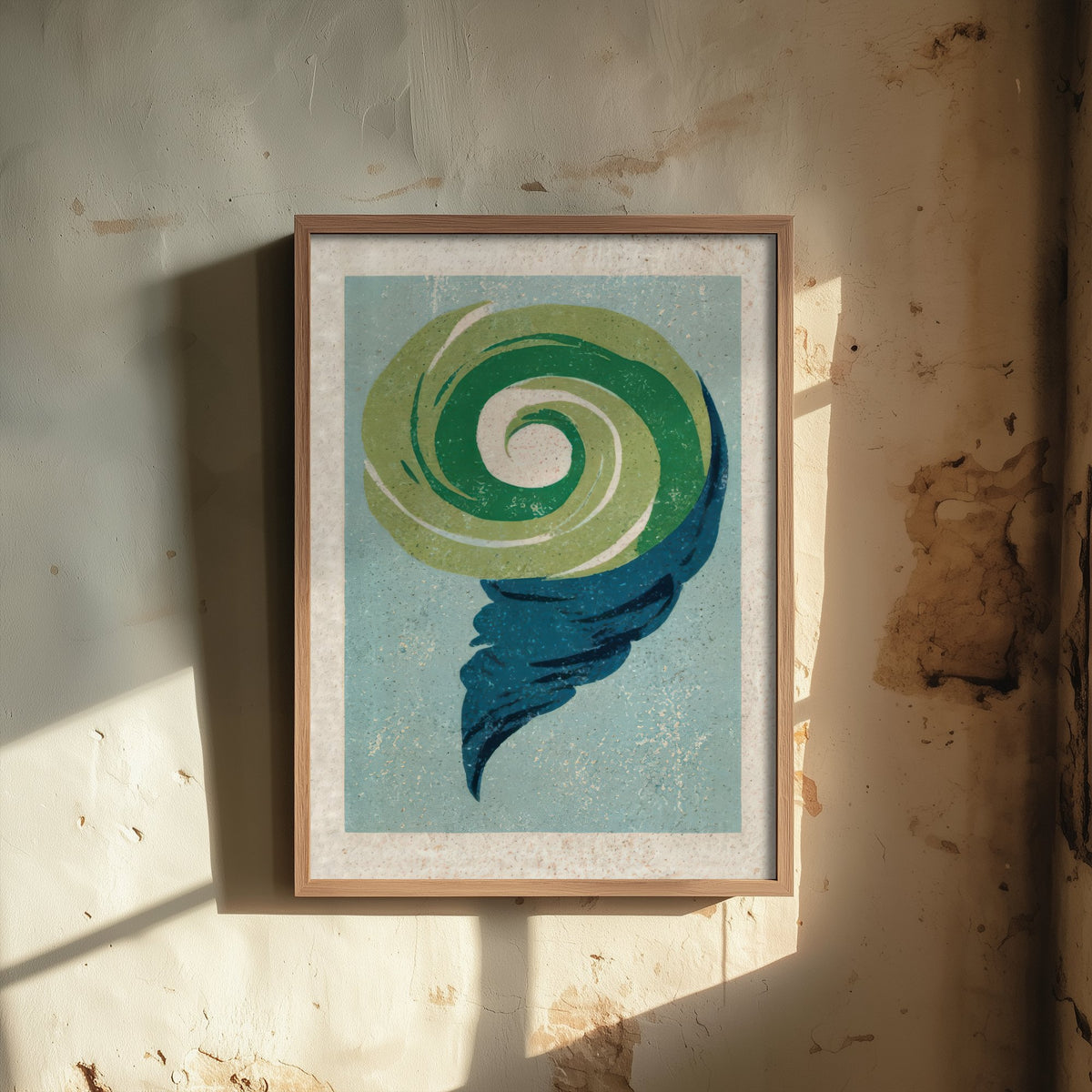 Wind Swirl Art Print - Green and Navy Gust Poster - Abstract Weather Linocut Woodcut V2 3/3