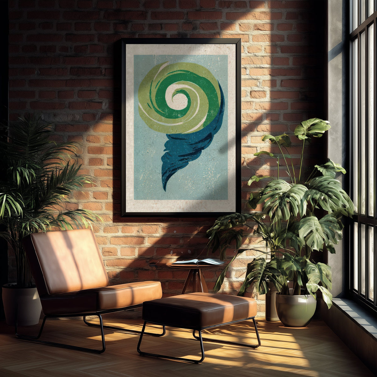 Wind Swirl Art Print - Green and Navy Gust Poster - Abstract Weather Linocut Woodcut V2 3/3