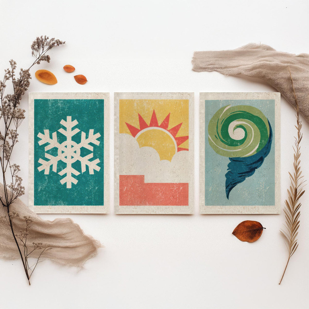 Retro Weather Set of Three Art Prints - Snowflake, Sun and Cloud, Wind Swirl - Minimalist Linocut Poster Illustration V2