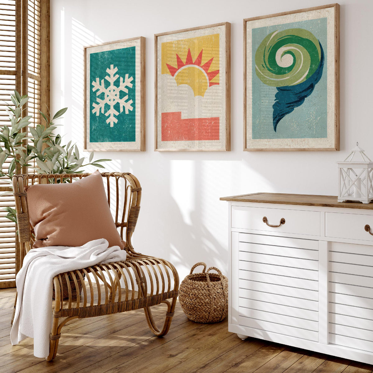 Retro Weather Set of Three Art Prints - Snowflake, Sun and Cloud, Wind Swirl - Minimalist Linocut Poster Illustration V2