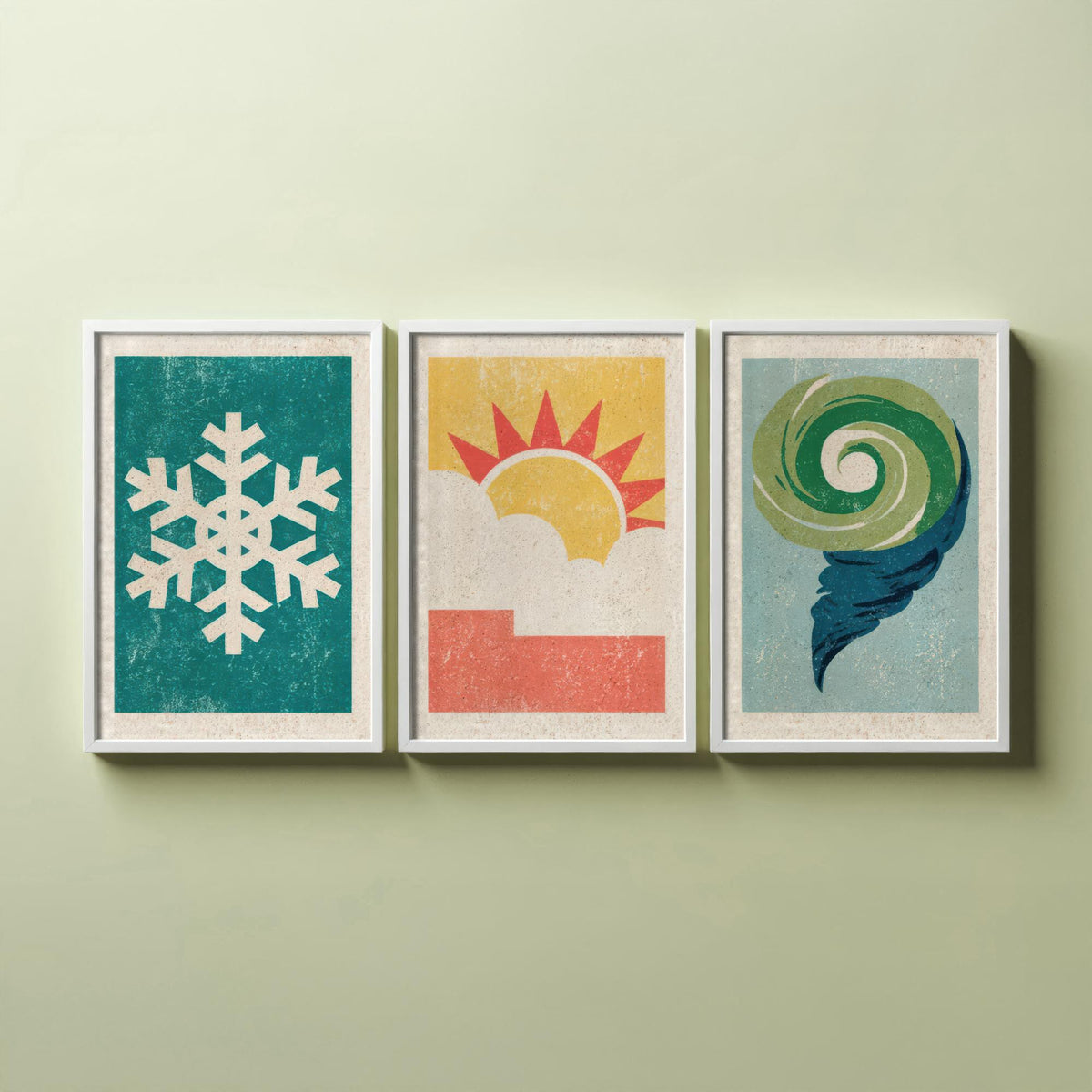 Retro Weather Set of Three Art Prints - Snowflake, Sun and Cloud, Wind Swirl - Minimalist Linocut Poster Illustration V2