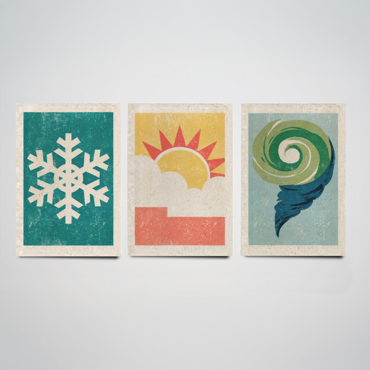 Retro Weather Set of Three Art Prints - Snowflake, Sun and Cloud, Wind Swirl - Minimalist Linocut Poster Illustration V2