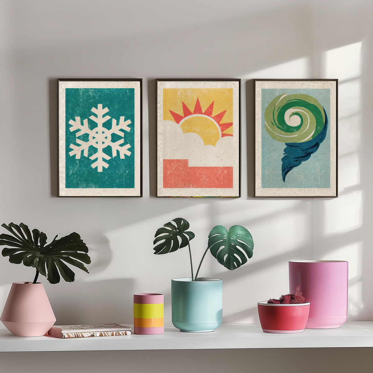 Retro Weather Set of Three Art Prints - Snowflake, Sun and Cloud, Wind Swirl - Minimalist Linocut Poster Illustration V2
