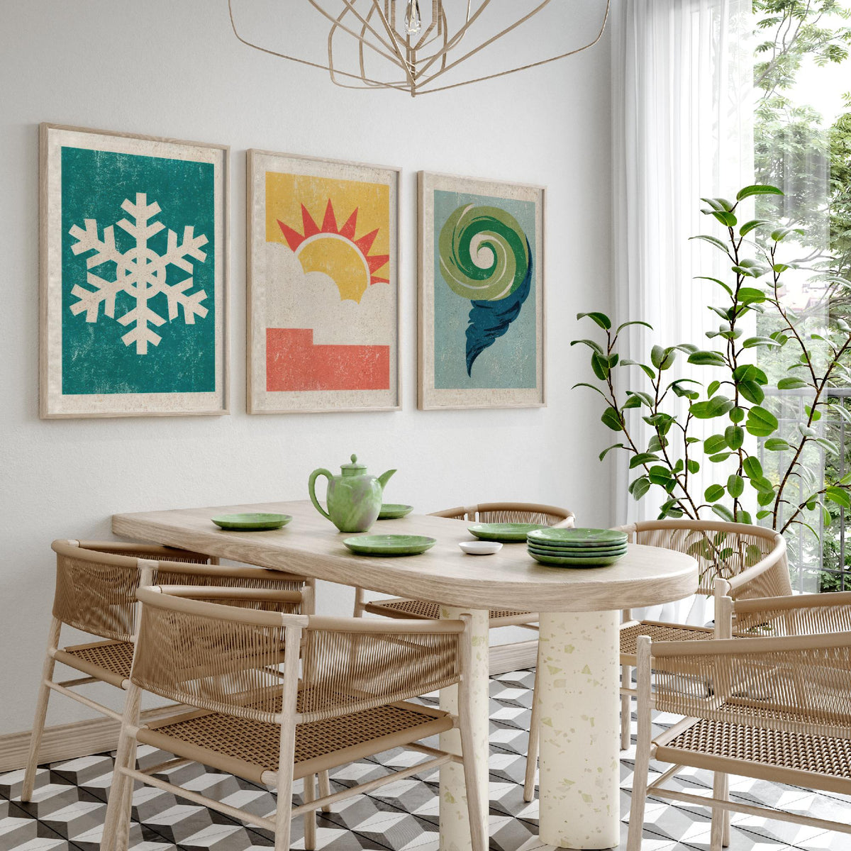 Retro Weather Set of Three Art Prints - Snowflake, Sun and Cloud, Wind Swirl - Minimalist Linocut Poster Illustration V2