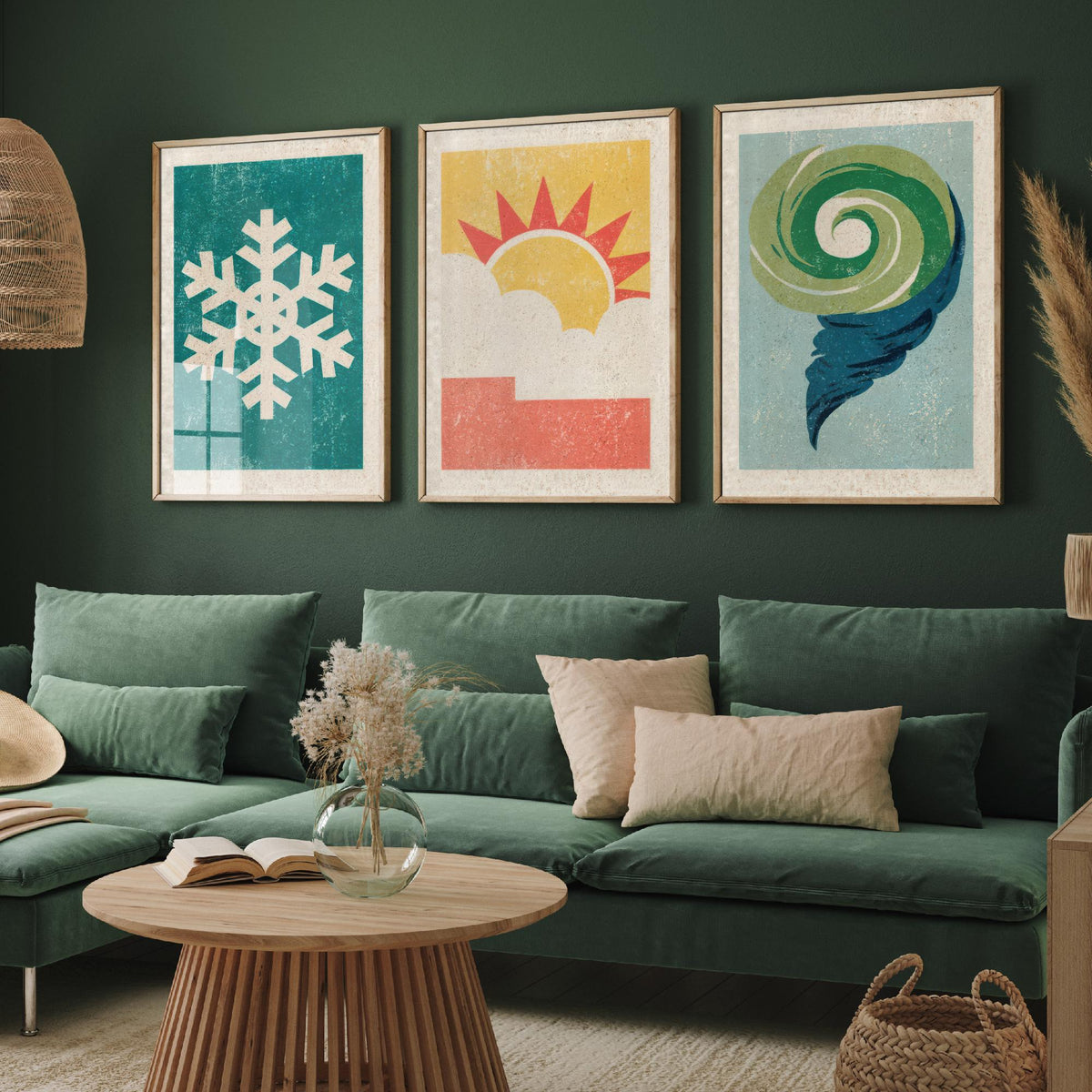 Retro Weather Set of Three Art Prints - Snowflake, Sun and Cloud, Wind Swirl - Minimalist Linocut Poster Illustration V2