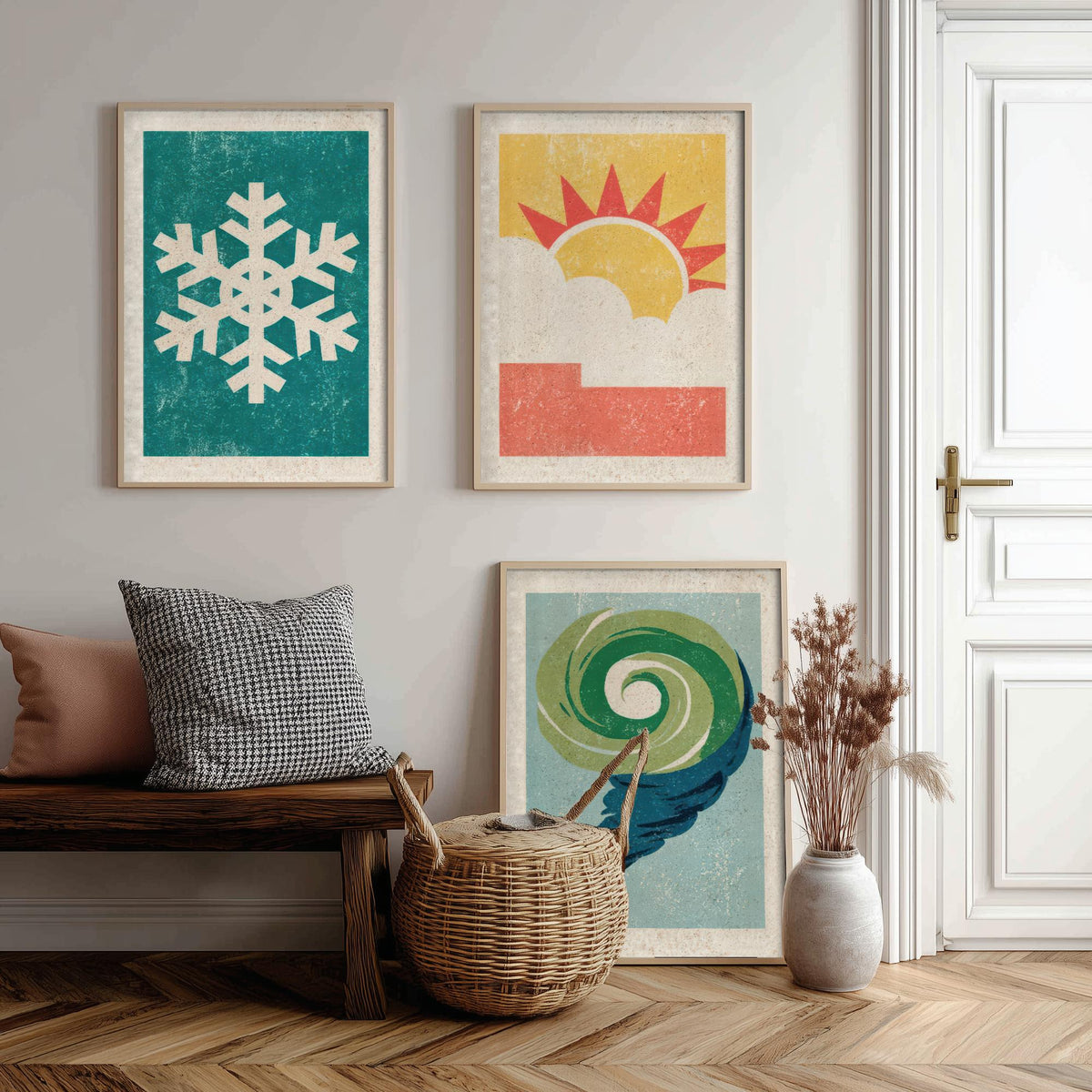 Retro Weather Set of Three Art Prints - Snowflake, Sun and Cloud, Wind Swirl - Minimalist Linocut Poster Illustration V2