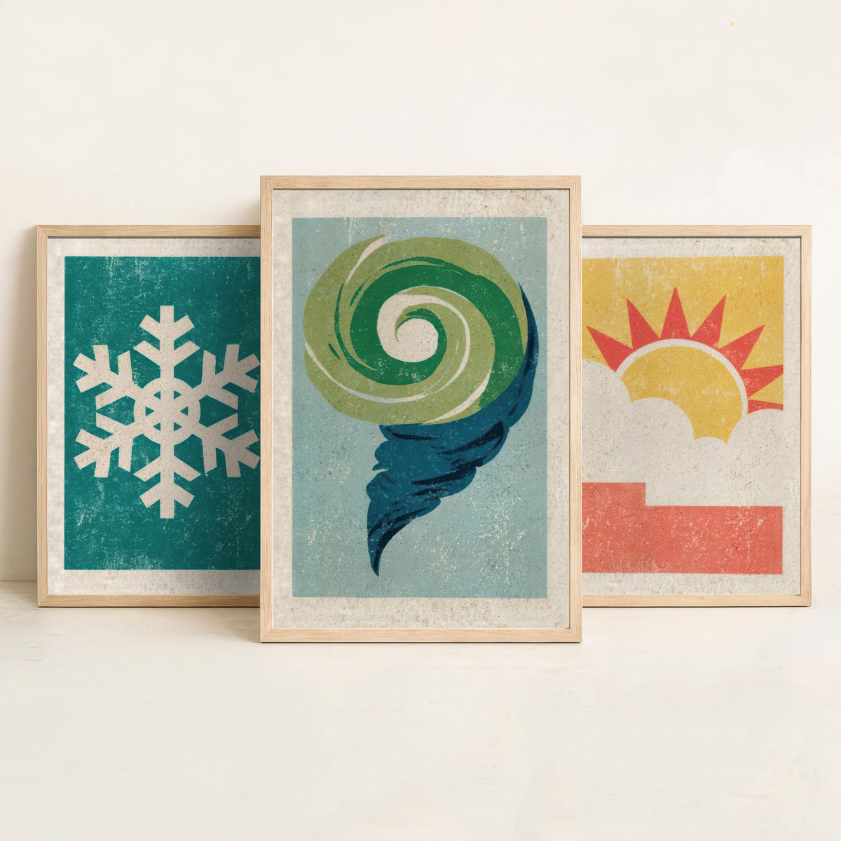 Retro Weather Set of Three Art Prints - Snowflake, Sun and Cloud, Wind Swirl - Minimalist Linocut Poster Illustration V2