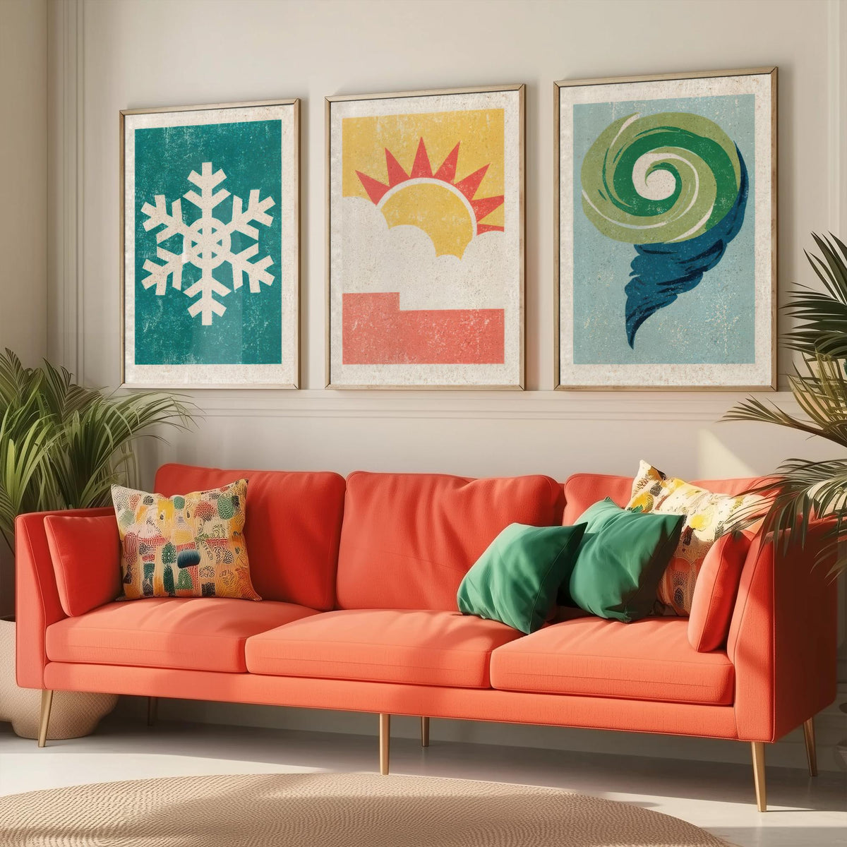 Retro Weather Set of Three Art Prints - Snowflake, Sun and Cloud, Wind Swirl - Minimalist Linocut Poster Illustration V2