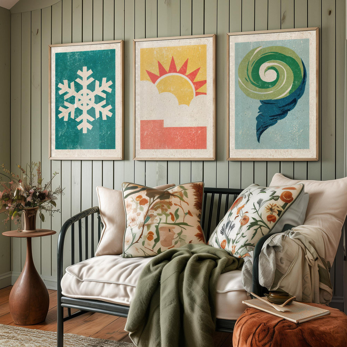 Retro Weather Set of Three Art Prints - Snowflake, Sun and Cloud, Wind Swirl - Minimalist Linocut Poster Illustration V2