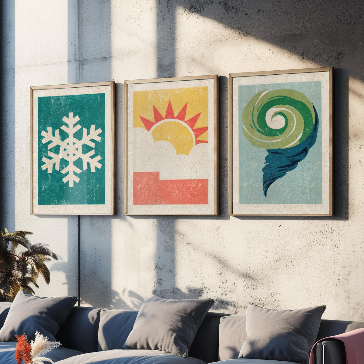 Retro Weather Set of Three Art Prints - Snowflake, Sun and Cloud, Wind Swirl - Minimalist Linocut Poster Illustration V2