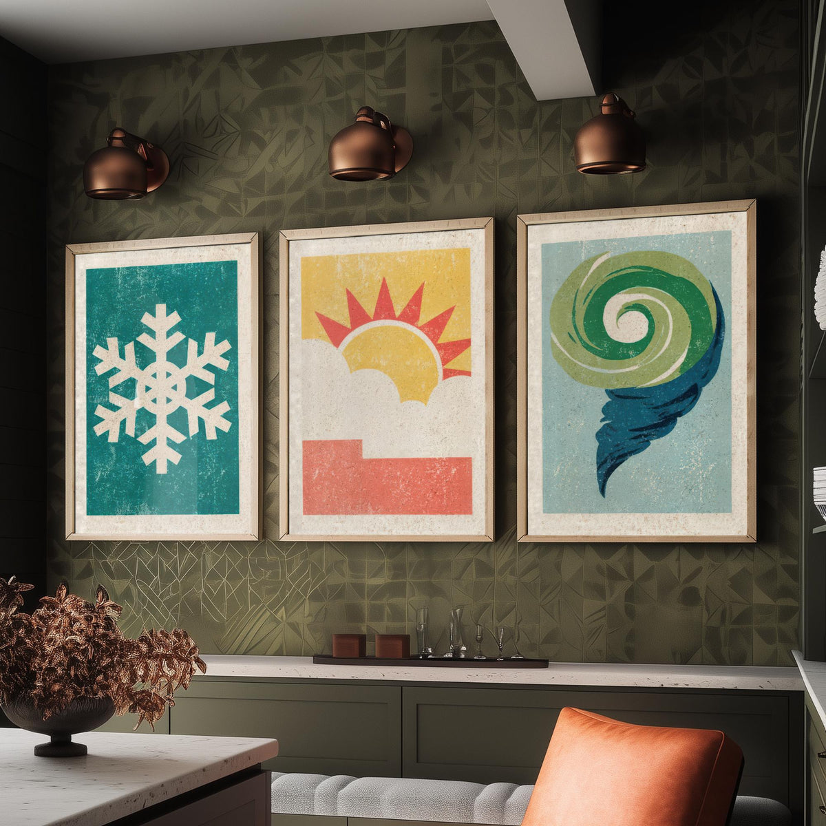 Retro Weather Set of Three Art Prints - Snowflake, Sun and Cloud, Wind Swirl - Minimalist Linocut Poster Illustration V2