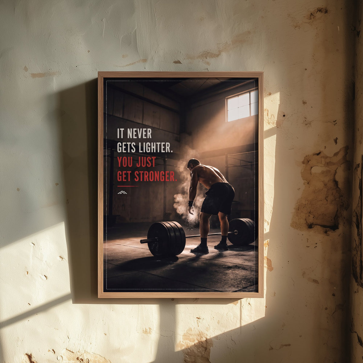 Weightlifting Motivation Poster - "It Never Gets Lighter. You Just Get Stronger." - Gym Quote Photo Art Print - Deadlift Chalk Dust 1/3