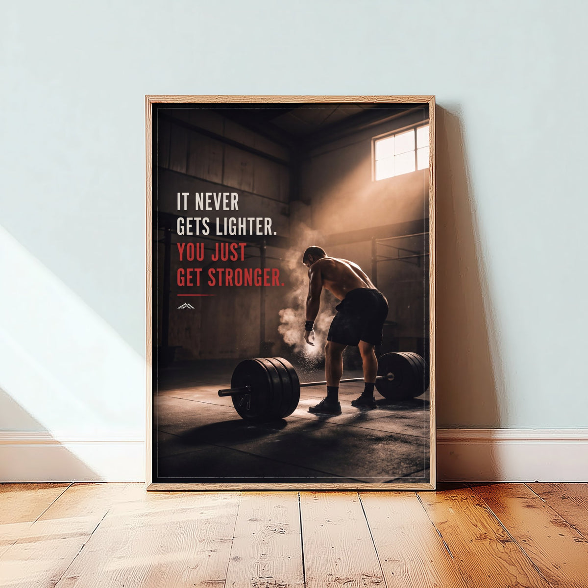 Weightlifting Motivation Poster - "It Never Gets Lighter. You Just Get Stronger." - Gym Quote Photo Art Print - Deadlift Chalk Dust 1/3