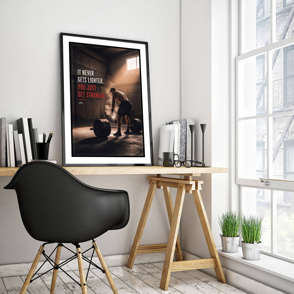 Weightlifting Motivation Poster - "It Never Gets Lighter. You Just Get Stronger." - Gym Quote Photo Art Print - Deadlift Chalk Dust 1/3