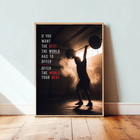 Weight Lifting Motivation Poster - "Offer the World Your Best" Gym Quote - Barbell Overhead Press Photo Art Print - Sunlit Chalk 2/3