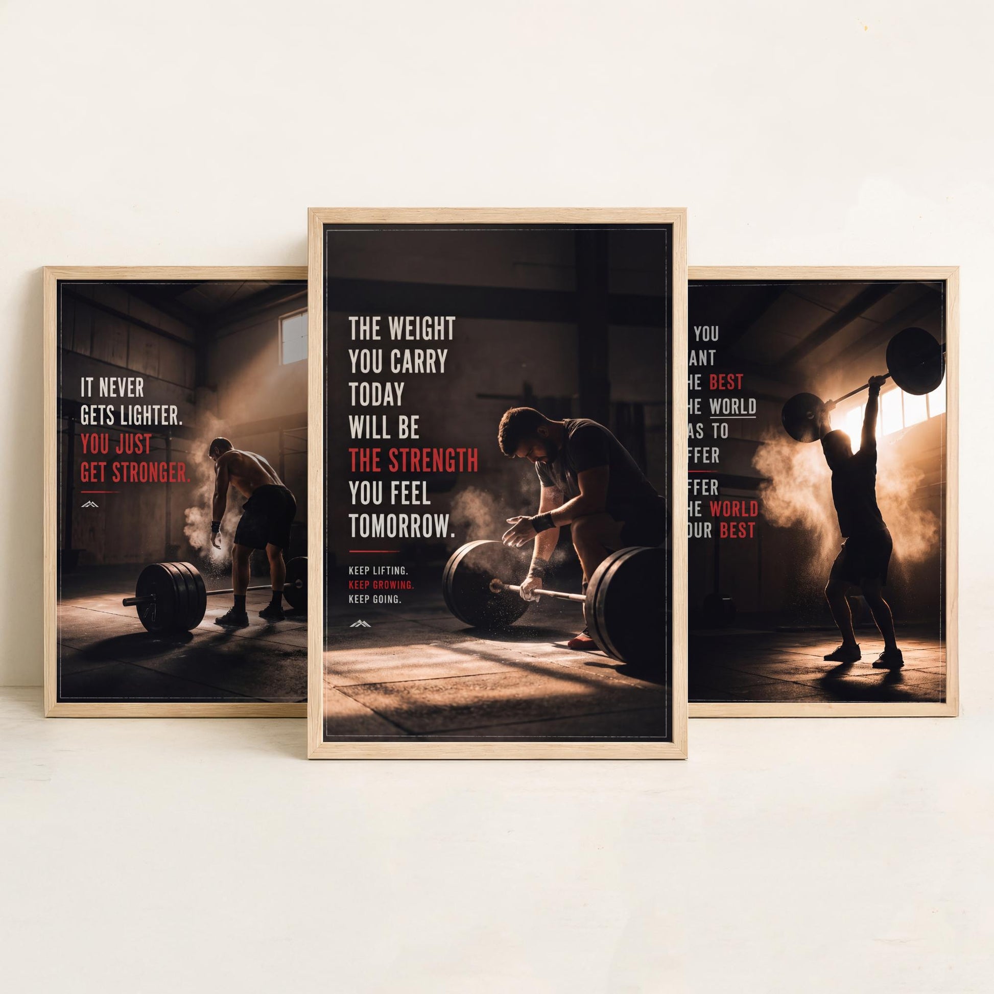 Weightlifting Motivation Set of Three Prints - 3 Inspirational Gym Quote Posters - Barbell Photo Wall Art - It Never Gets Lighter