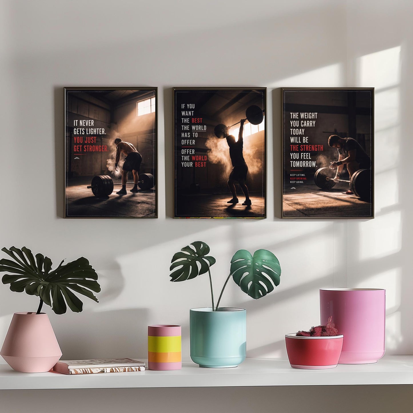 Weightlifting Motivation Set of Three Prints - 3 Inspirational Gym Quote Posters - Barbell Photo Wall Art - It Never Gets Lighter