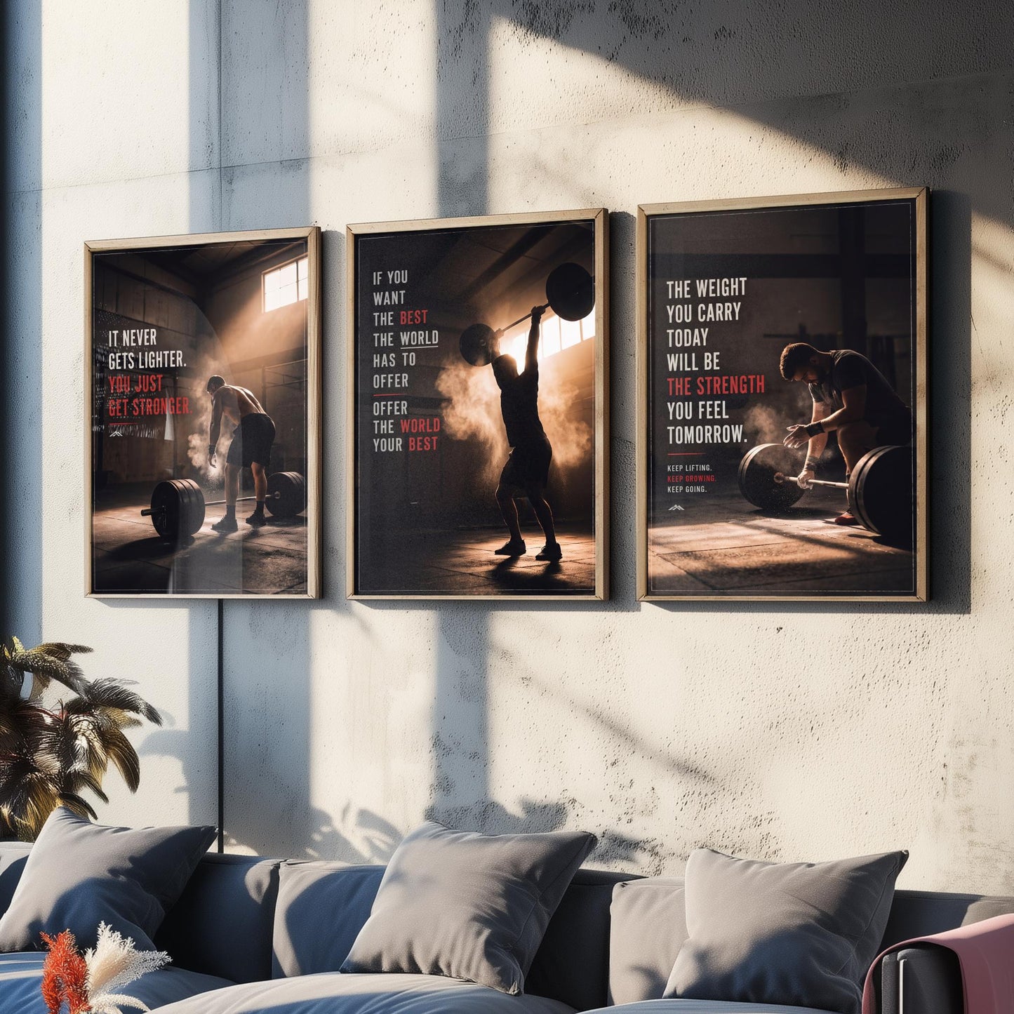 Weightlifting Motivation Set of Three Prints - 3 Inspirational Gym Quote Posters - Barbell Photo Wall Art - It Never Gets Lighter