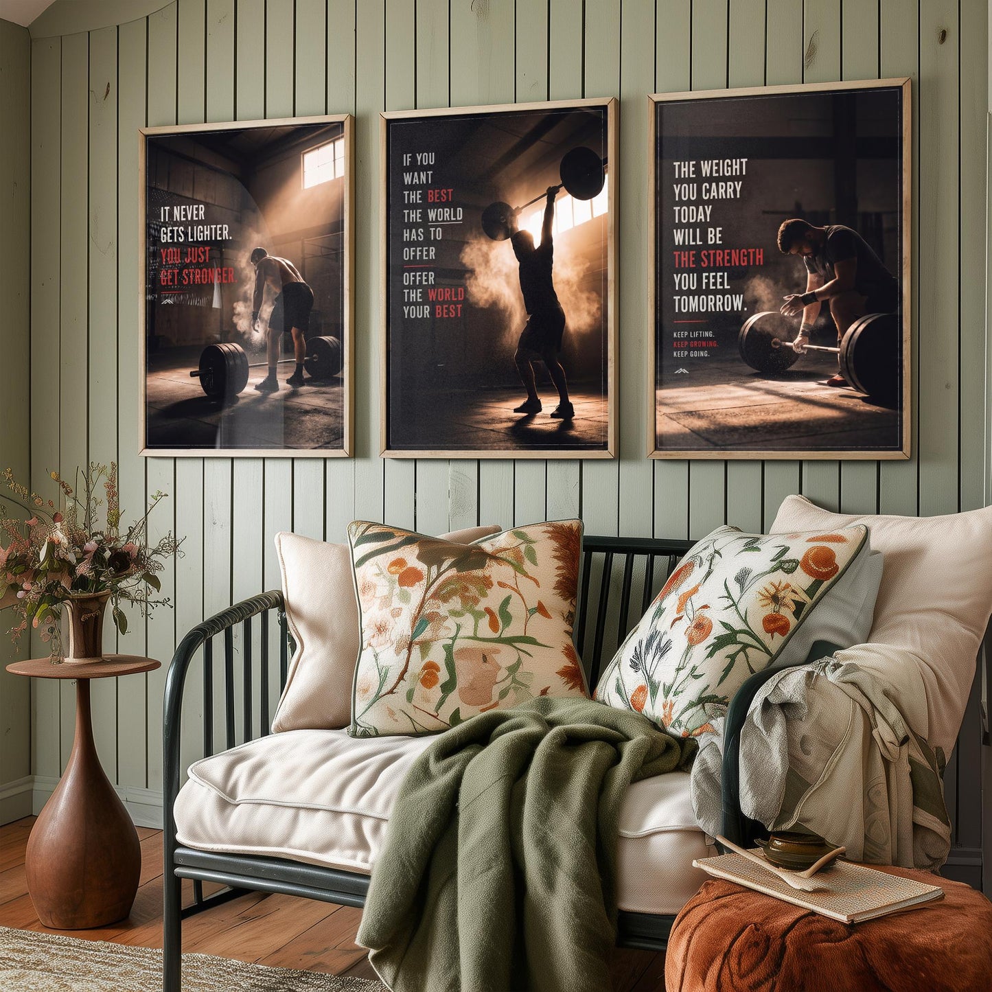 Weightlifting Motivation Set of Three Prints - 3 Inspirational Gym Quote Posters - Barbell Photo Wall Art - It Never Gets Lighter