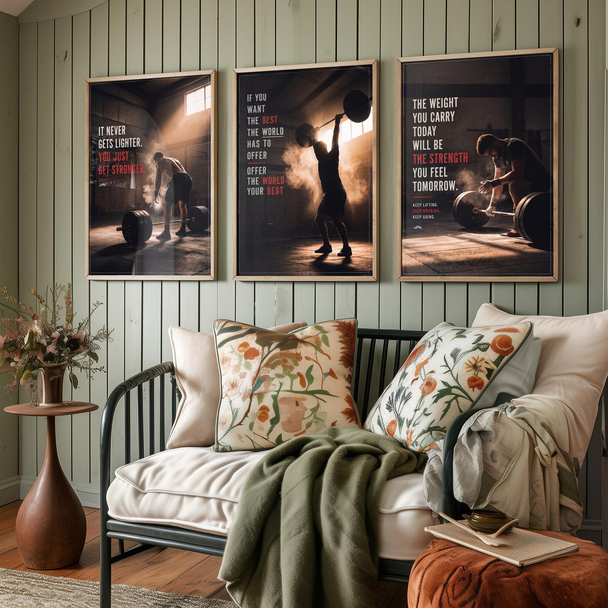 Weightlifting Motivation Set of Three Prints - 3 Inspirational Gym Quote Posters - Barbell Photo Wall Art - It Never Gets Lighter