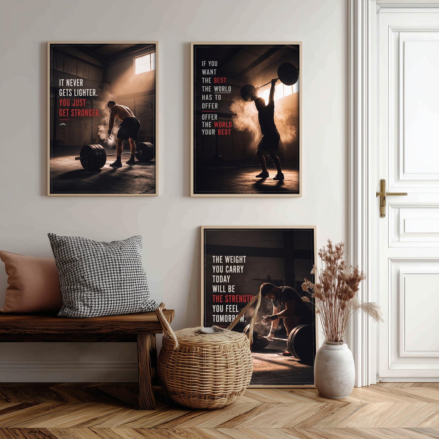 Weightlifting Motivation Set of Three Prints - 3 Inspirational Gym Quote Posters - Barbell Photo Wall Art - It Never Gets Lighter