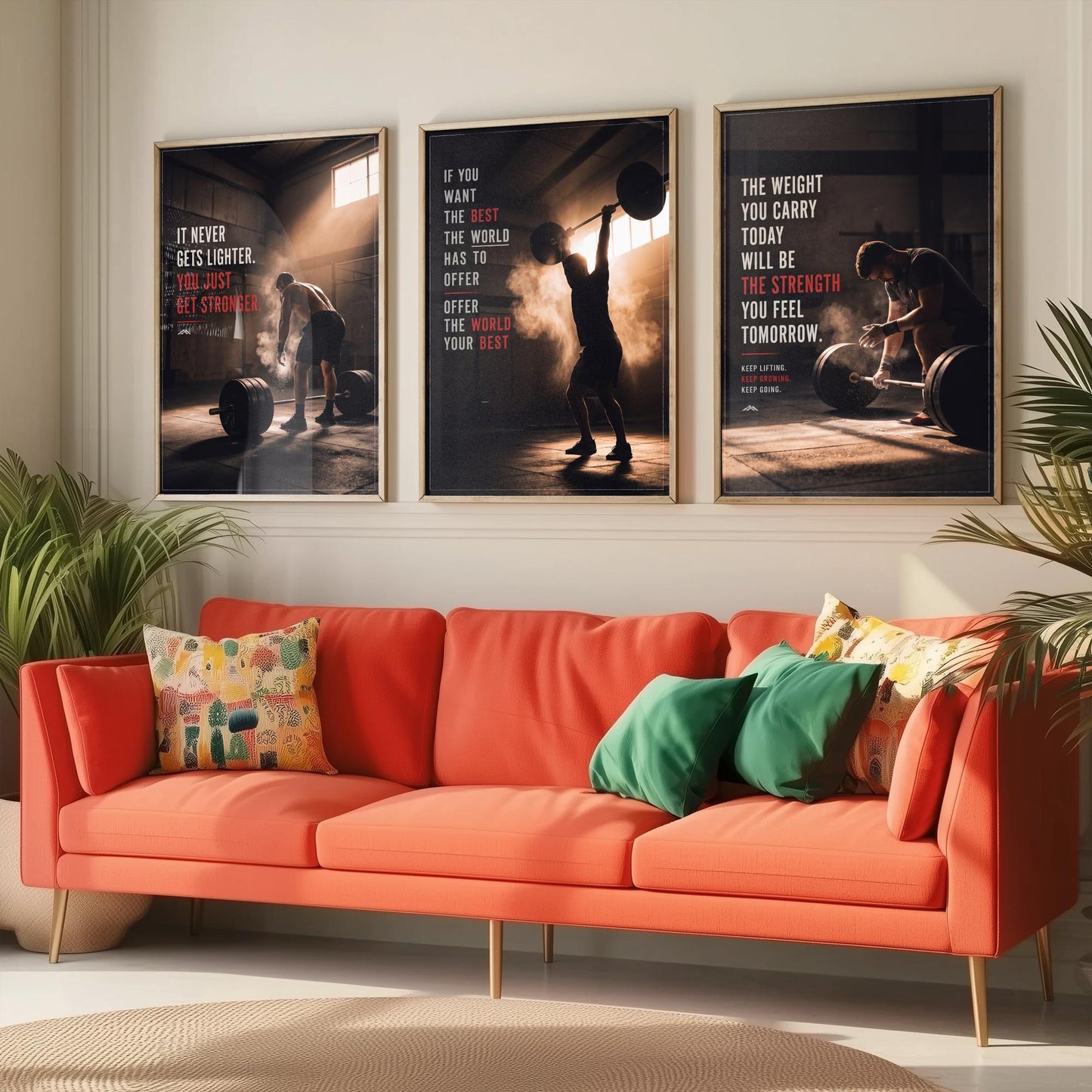 Weightlifting Motivation Set of Three Prints - 3 Inspirational Gym Quote Posters - Barbell Photo Wall Art - It Never Gets Lighter