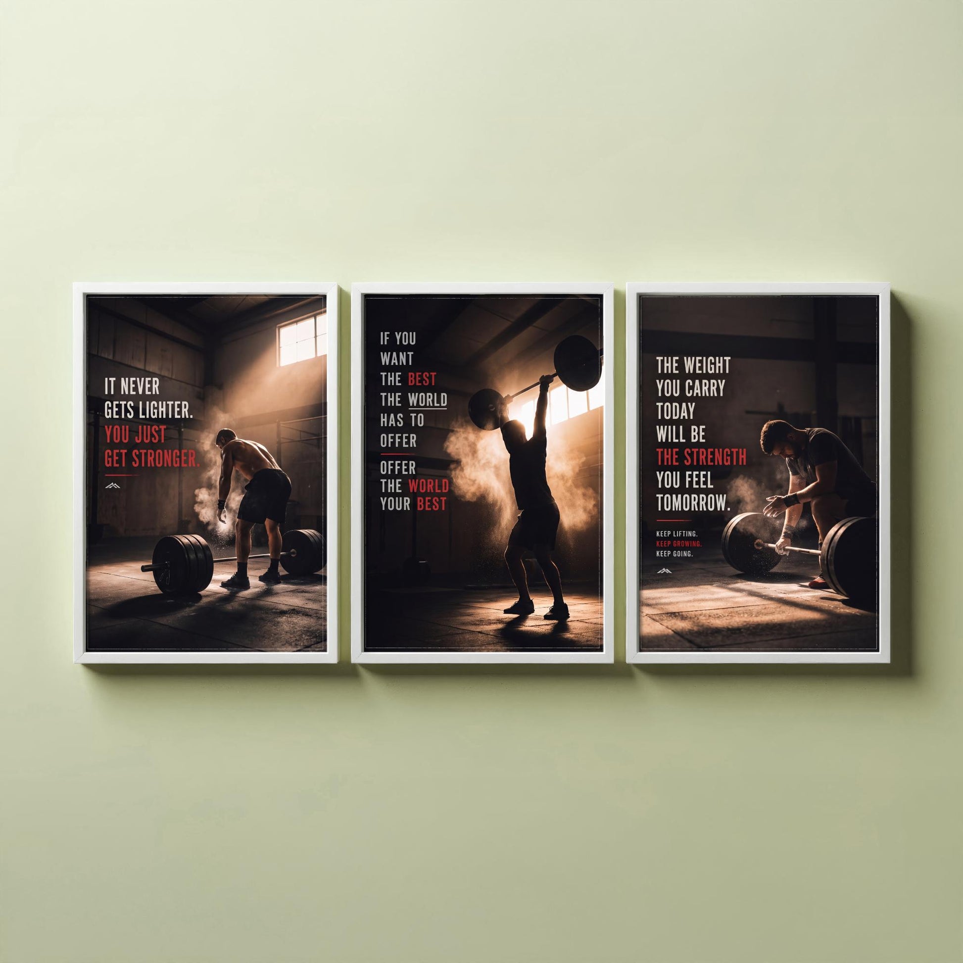 Weightlifting Motivation Set of Three Prints - 3 Inspirational Gym Quote Posters - Barbell Photo Wall Art - It Never Gets Lighter