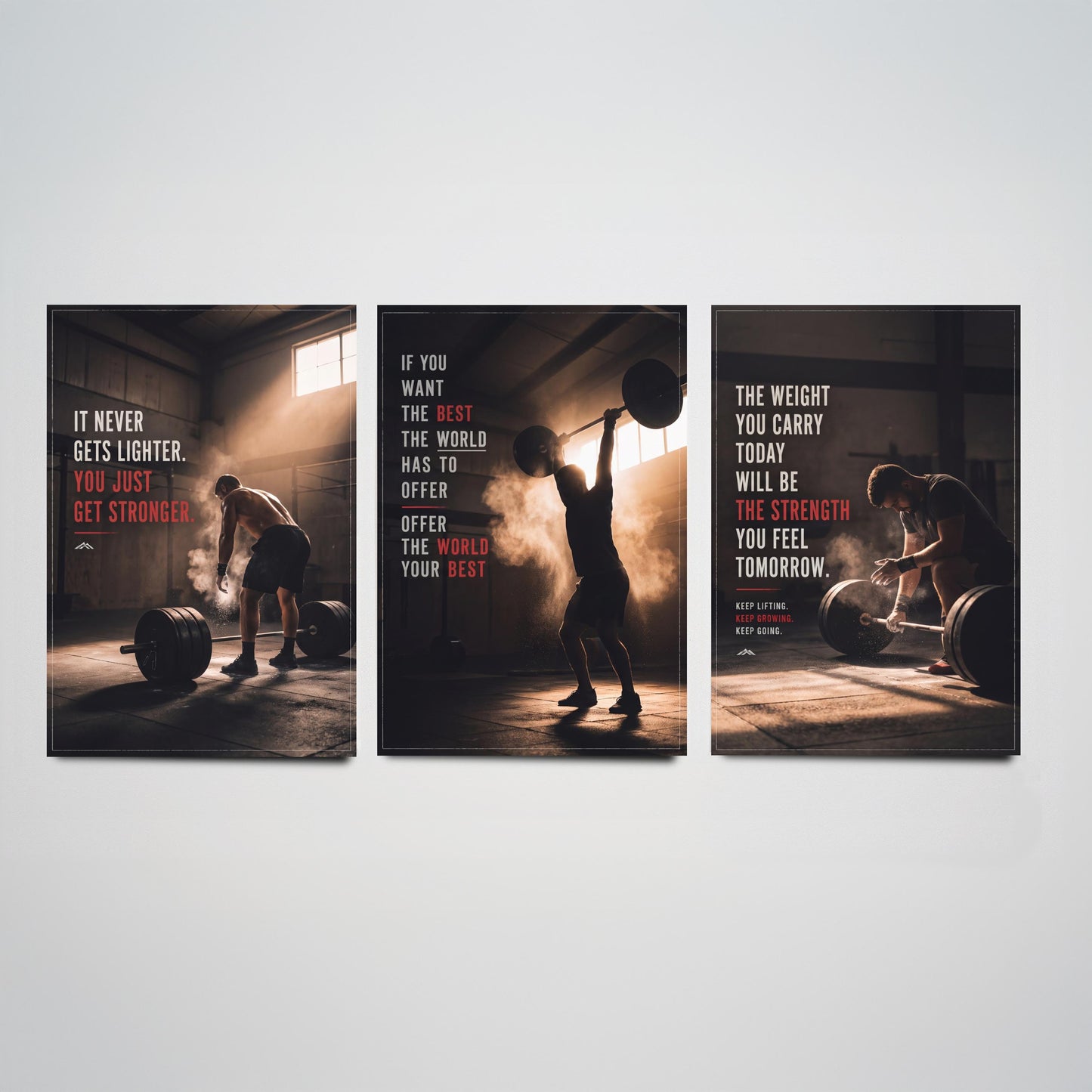 Weightlifting Motivation Set of Three Prints - 3 Inspirational Gym Quote Posters - Barbell Photo Wall Art - It Never Gets Lighter