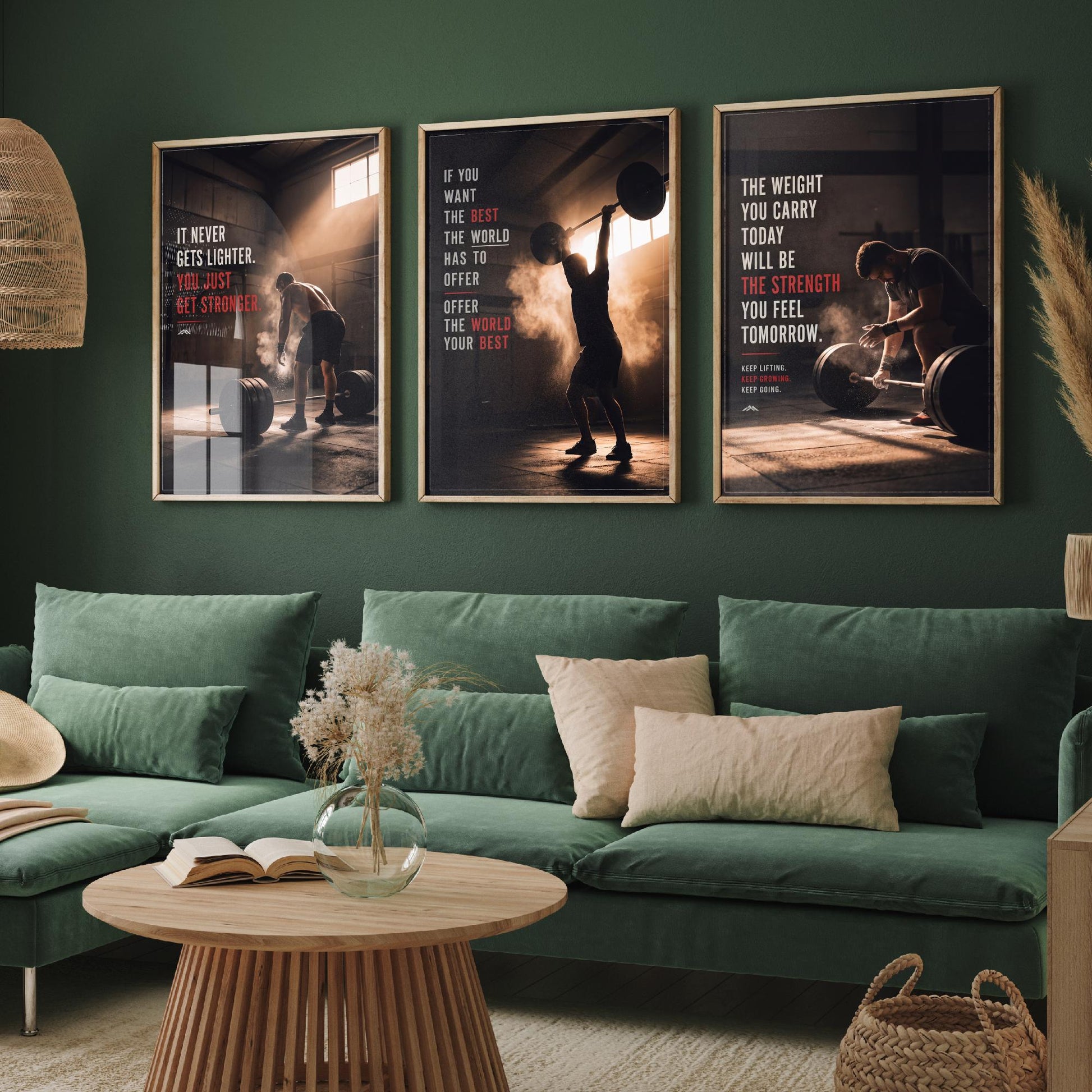 Weightlifting Motivation Set of Three Prints - 3 Inspirational Gym Quote Posters - Barbell Photo Wall Art - It Never Gets Lighter