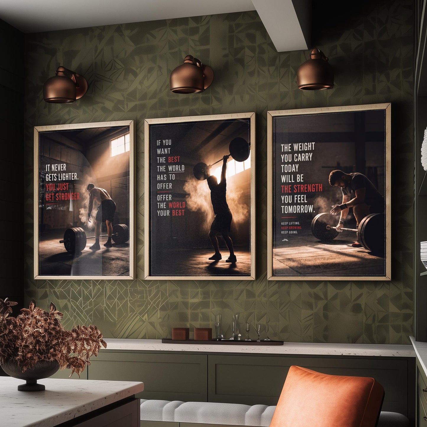 Weightlifting Motivation Set of Three Prints - 3 Inspirational Gym Quote Posters - Barbell Photo Wall Art - It Never Gets Lighter