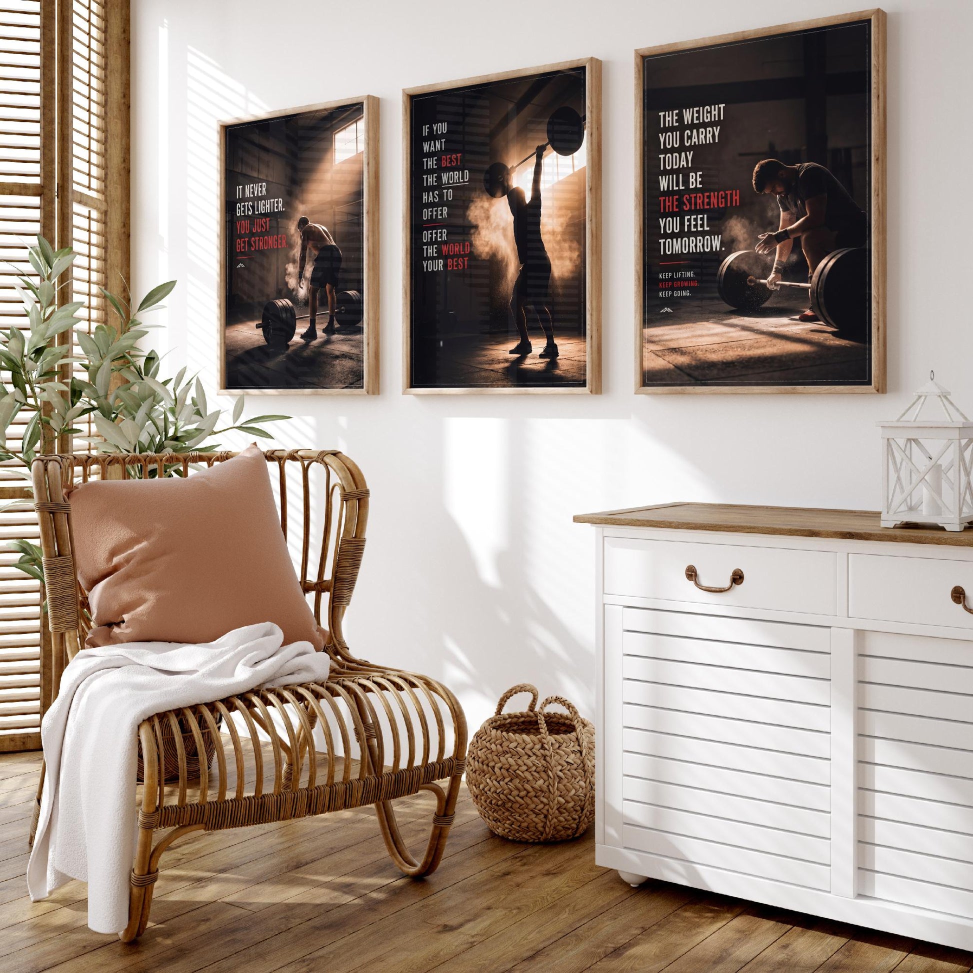 Weightlifting Motivation Set of Three Prints - 3 Inspirational Gym Quote Posters - Barbell Photo Wall Art - It Never Gets Lighter