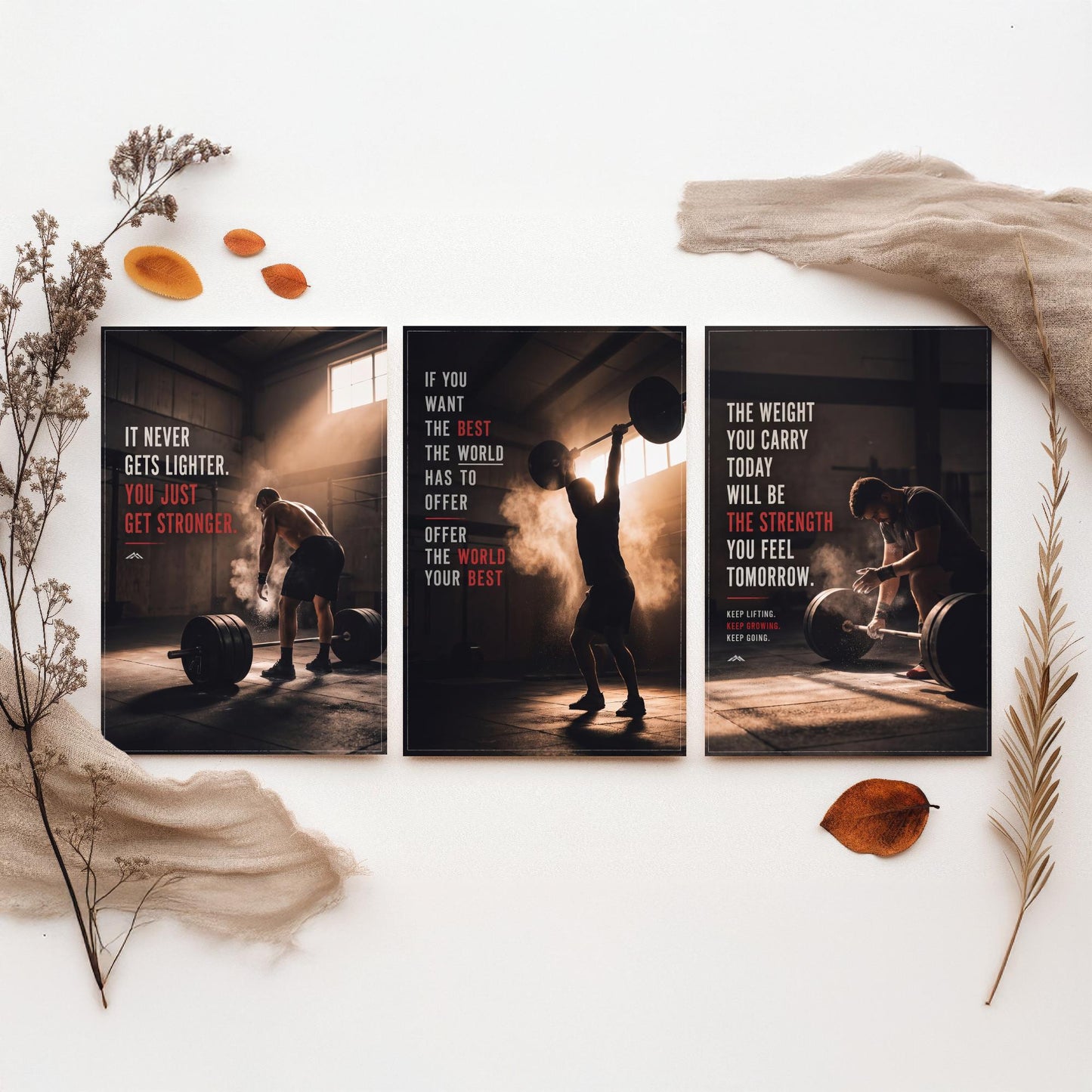 Weightlifting Motivation Set of Three Prints - 3 Inspirational Gym Quote Posters - Barbell Photo Wall Art - It Never Gets Lighter