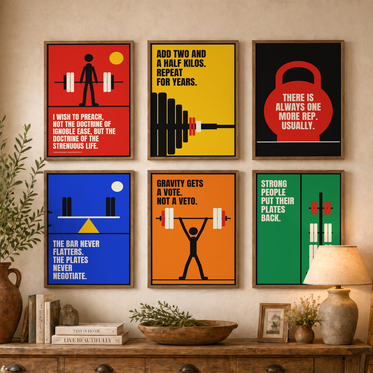 Set of Six Weightlifting Quote Art Prints - 6 Bauhaus Gym Posters - Minimalist Sport Illustration - Barbell, Kettlebell, Plates